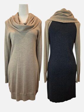 Cynthia Rowley Sweater Dress Merino Wool Cowl Neck Side Zip SZ M Tan & Gray